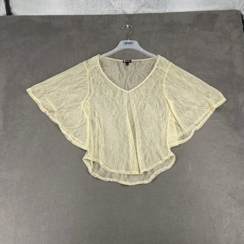 Lily White Cream Lace Mesh V-Neck Top Y2K Flutter Angel Sleeve Blouse Large